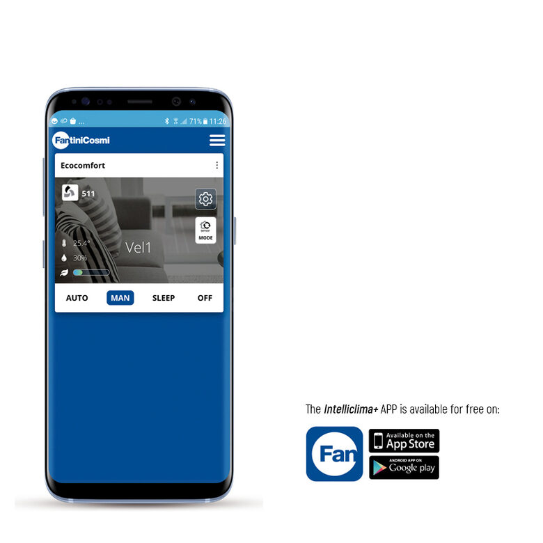 2.0 Smart ventilation unit with heat recovery and Wi‑Fi control via smartphone.