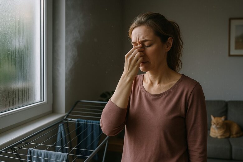 Sieviete pie aizsvīduša loga cieš no slikta gaisa un mitruma mājās, kas norāda uz nepietiekamu ventilāciju.