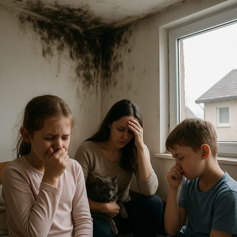 Ģimene cieš no slikta gaisa un pelējuma mitrā istabā bez ventilācijas. Slikta ventilācija izraisa veselības problēmas un diskomfortu.