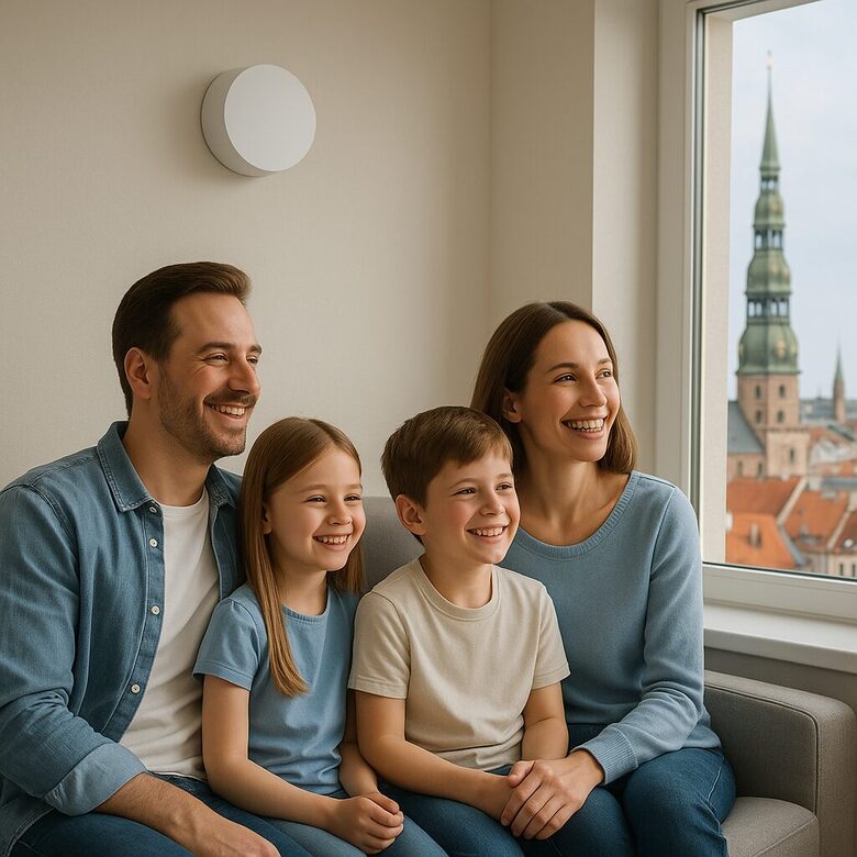 Priecīga ģimene mājās ar svaigu gaisu un labu ventilāciju, ko nodrošina ECOCOMFORT 2.0 Smart rekuperācijas sistēma. Komforts, energoefektivitāte un veselīga vide.